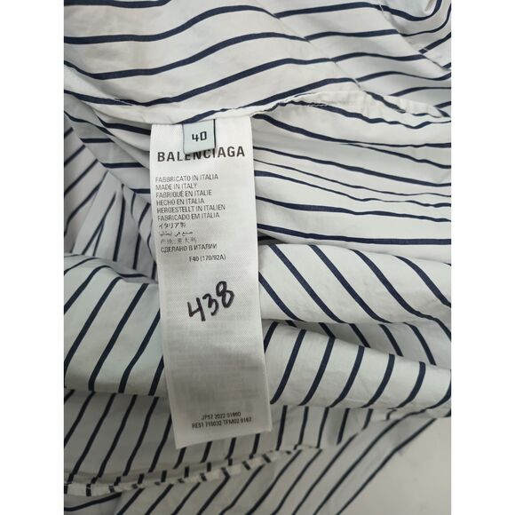 Balenciaga Women's Bow Detail Striped White Navy Blue Button Up Shirt Size 40 - Picture 9 of 11